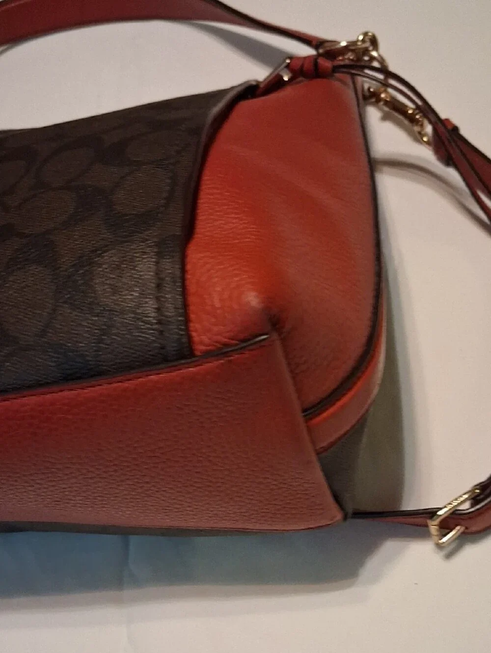 Coach Brown Signature Canvas Shoulder Bag with Red Leather Trim Gold tone logo